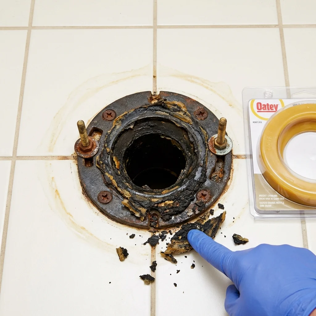Failed wax ring showing water seepage at the base of a toilet in a Princeton, WV home