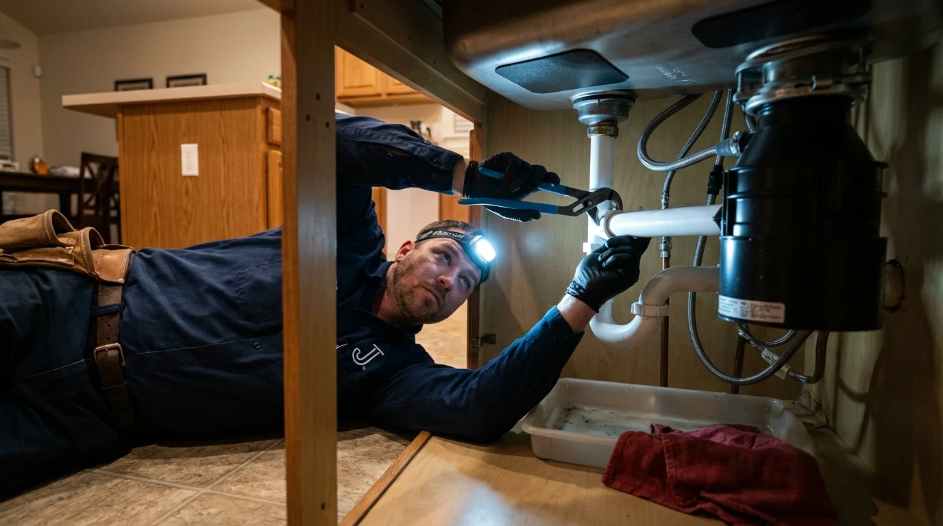 P-trap and supply line connections under a kitchen sink showing a common leak point in Princeton, WV